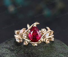 Pear cut ruby ring set art deco moon leaf opal moissanite ring matching leaf wedding band nature inspired bridal jewelry
