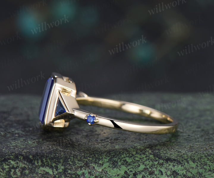 Emerald cut sapphire ring trilliant cut sapphire bezel engagement ring unique five stone ring for women