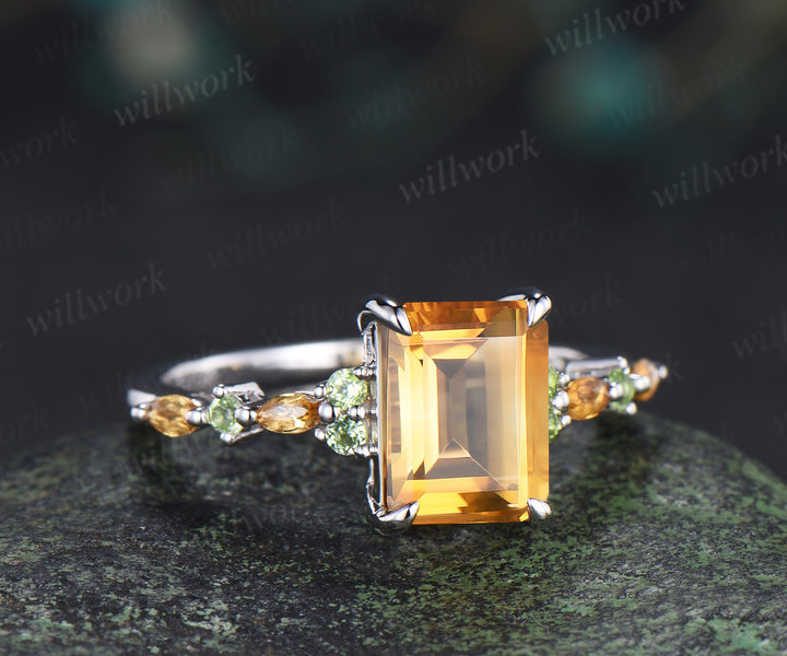 Emerald cut citrine engagement ring peridot marquise yellow citrine wedding ring November birsthone jewelry