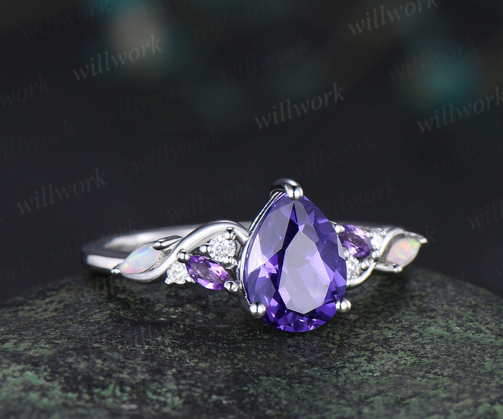 Unique purple sapphire engagement ring marquise amethyst opal bridal wedding ring jewelry gifts for women