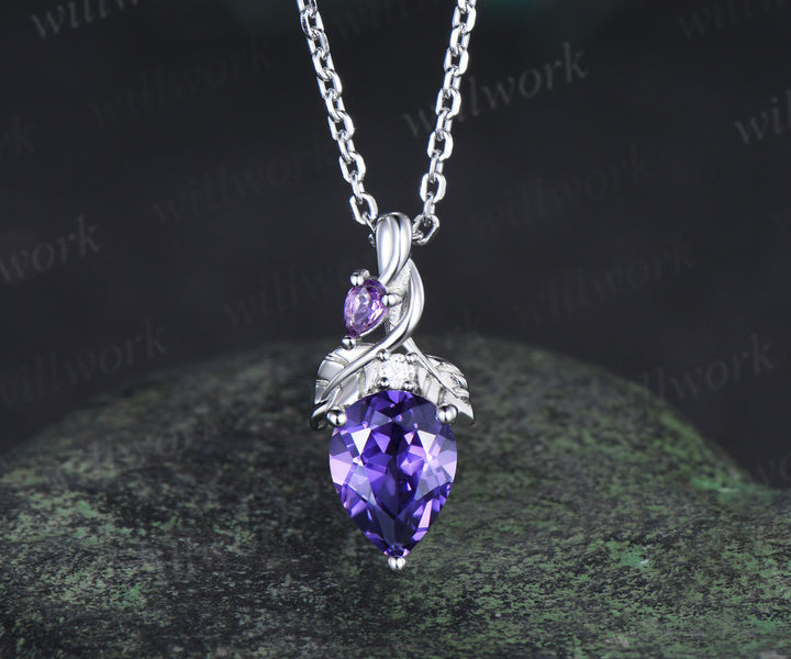 Pear cut purple sapphire pendant necklace leaf vine amethyst moissanite necklace unique gemstone necklace for women gifts for her