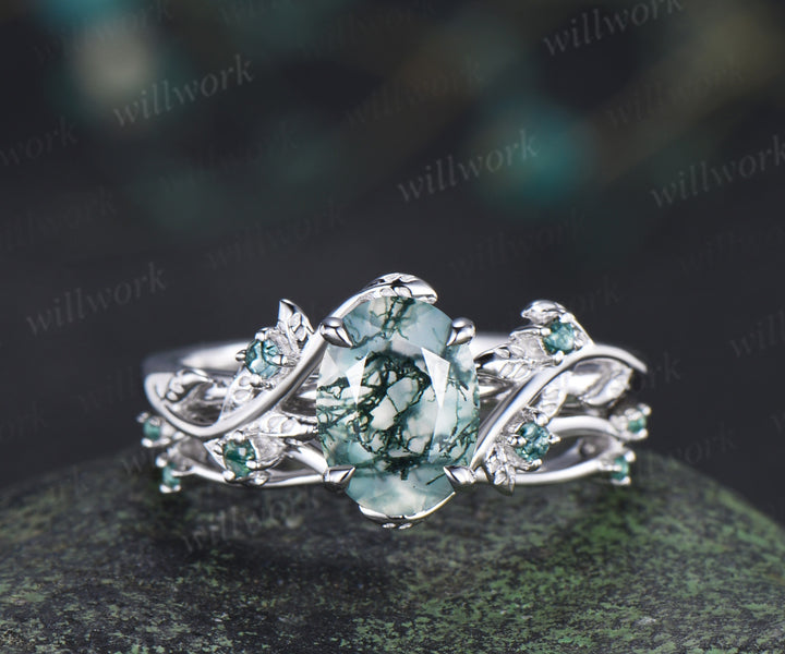 Nature inspired oval moss agate ring set leaf twig engagement ring dainty infinity emerald wedding band