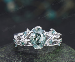 Nature inspired oval moss agate ring set leaf twig engagement ring dainty infinity emerald wedding band