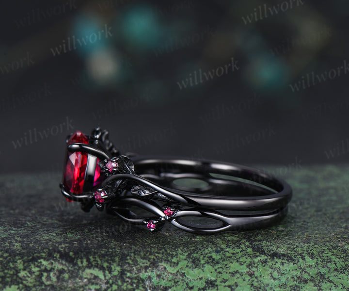 Oval ruby ring set nature inspired black gold engagement ring curved ruby infinity wedding band July birthstone gifts
