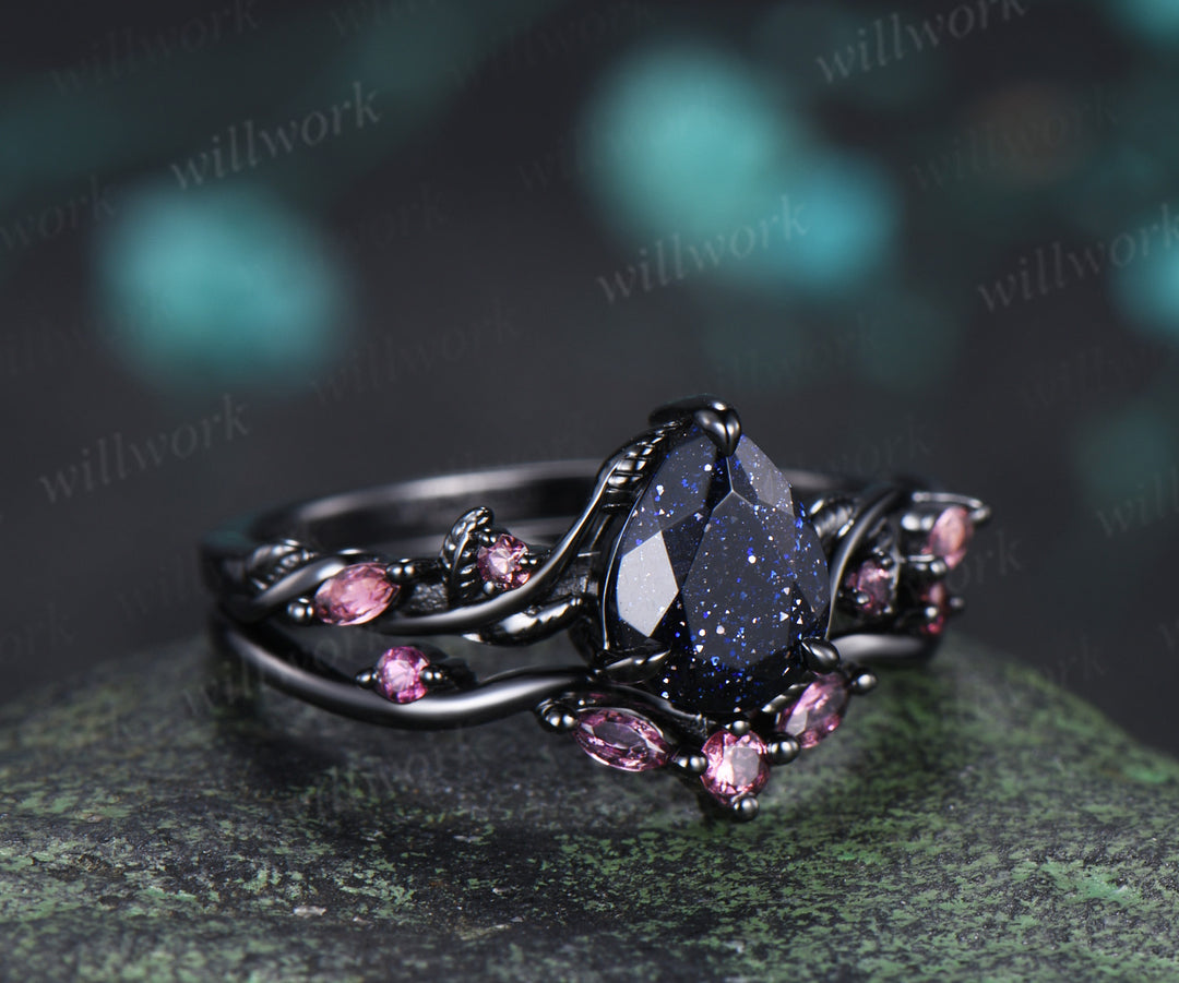 Teardrop blue sandstone ring set black gold leaf vine engagement ring with pink tourmaline accents galaxy gemstone bridal set
