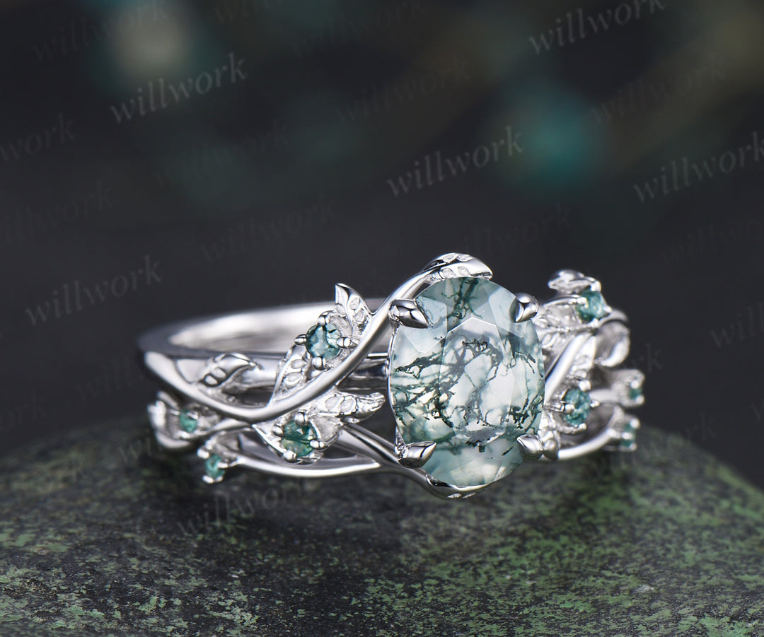 Nature inspired oval moss agate ring set leaf twig engagement ring dainty infinity emerald wedding band