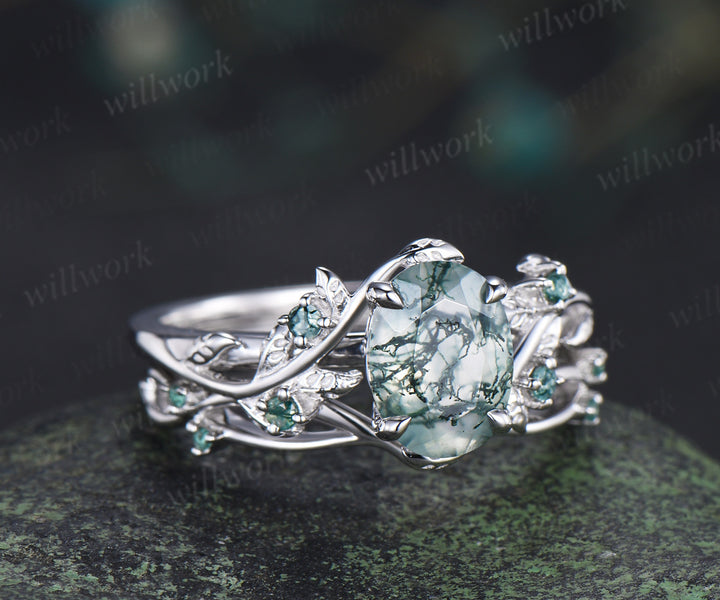 Nature inspired oval moss agate ring set leaf twig engagement ring dainty infinity emerald wedding band