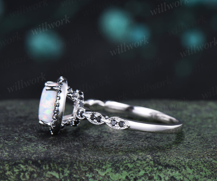 Oval white opal engagement ring vintage black diamond halo half eternity band promise ring
