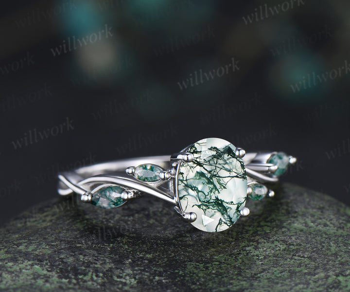 Oval cut moss agate engagement ring marquise moss agate infinity wedding ring unique five stone bridal ring