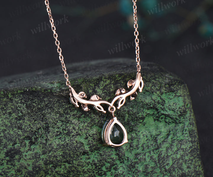 Pear moss agate necklace leaf vine marquise moss agate nature inspired pendant unique botanical jewelry gift