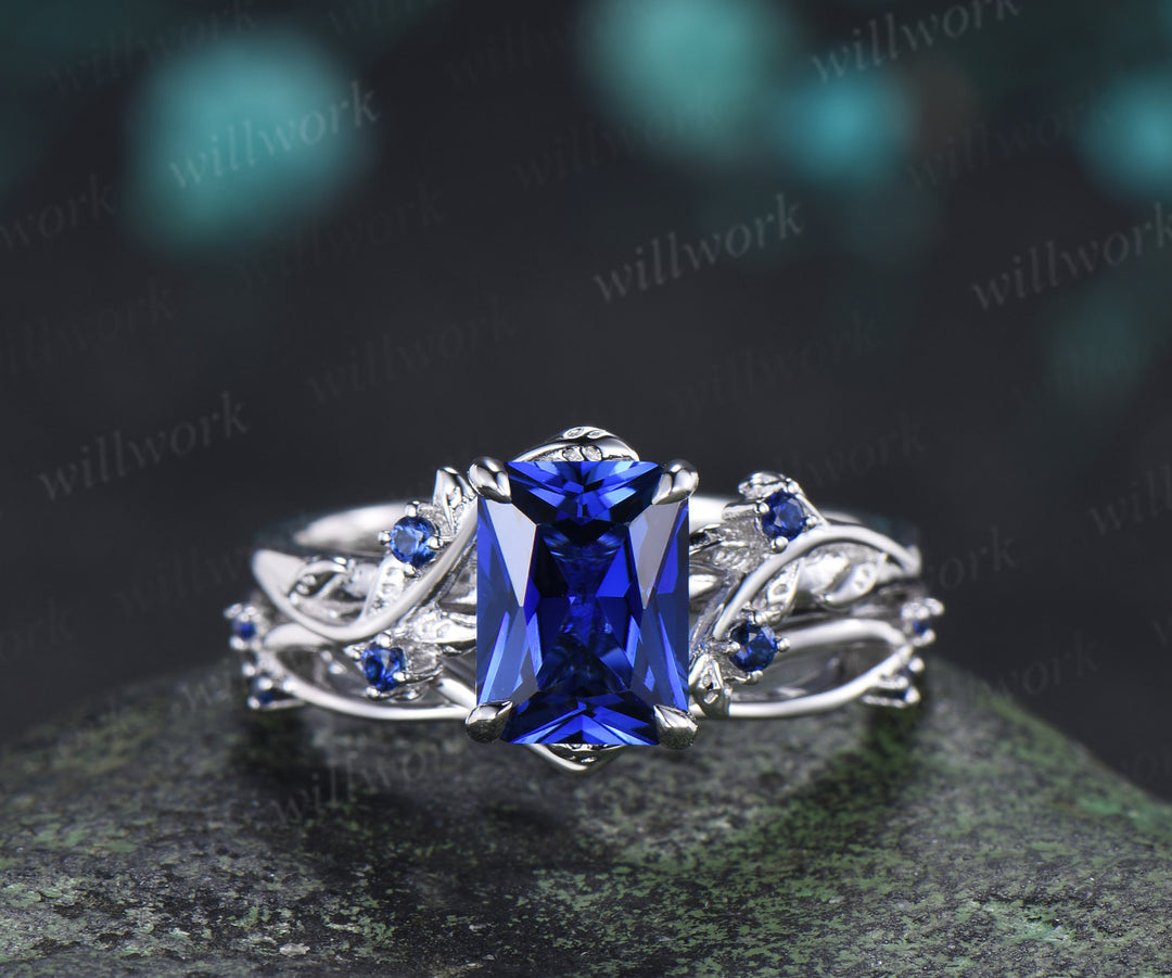 Radianit Cut Sapphire Twig Leaf Ring Set & Round Sapphire Black Spinel Men Wedding Ring Couple Ring Set