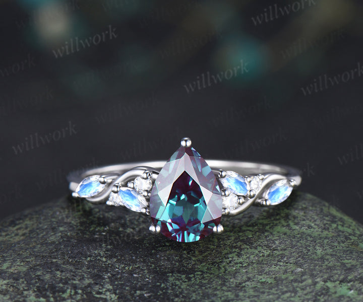 Unique pear alexandrite engagement ring marquise moonstone moissanite cluster bridal wedding ring jewelry gifts for women