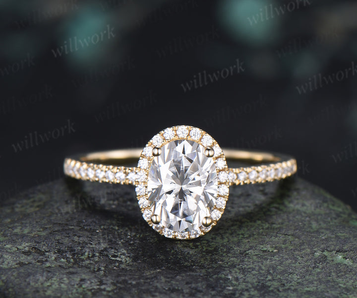 Vintage Oval Cut Moissanite Engagement Ring Diamond Halo Half Eternity Ring Curved Matching Stacking Enhancer Band Timeless Bridal Set