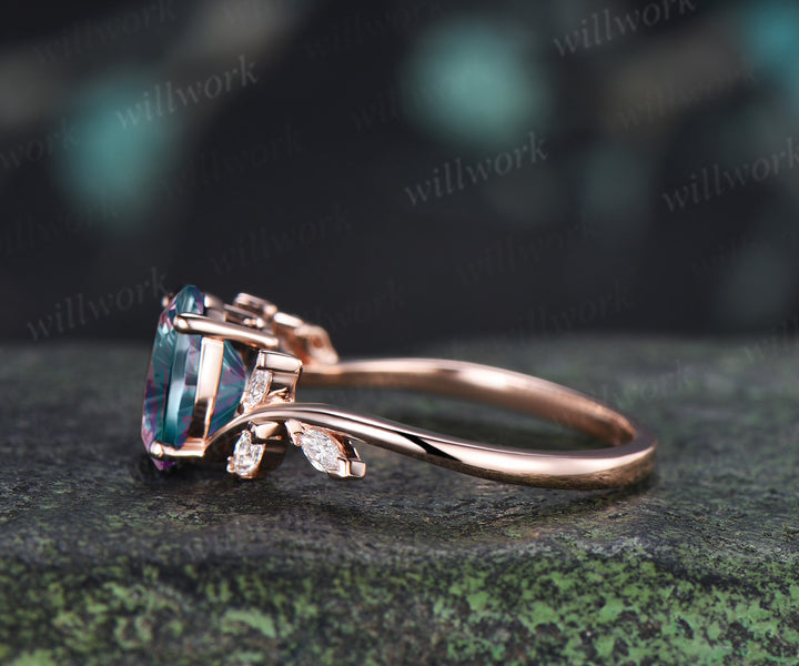 Oval Fantasy Cut Alexandrite Engagement Ring Moissanite Seven Stone Bypass Ring Color Change Gemstone Bridal Ring June Birthstone Gifts