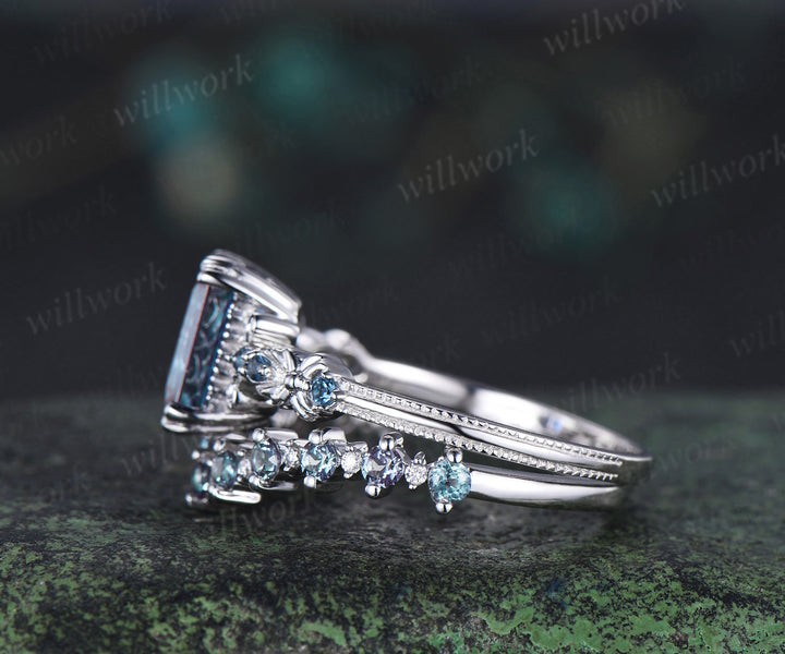 Vintage emerald cut alexandrite engagement ring set filigree art deco blue topaz ring half eternity alexandrite wedding band June birthstone jewelry gifts
