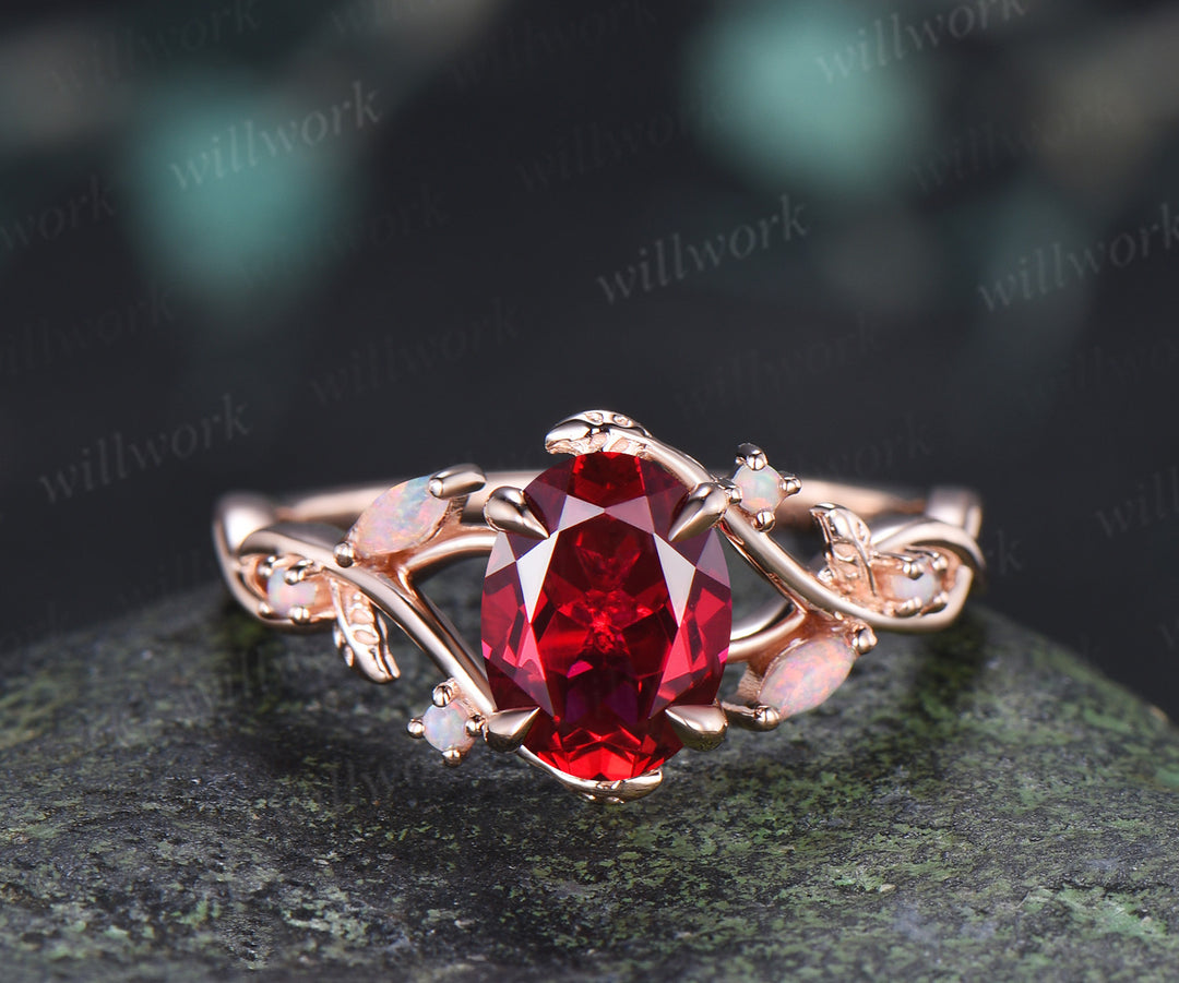 Oval Cut Ruby Split Shank Engagement Ring Set  Marquise Opal Leaf Vine Infinity Ring Matching Stacking Ring Bridal Set