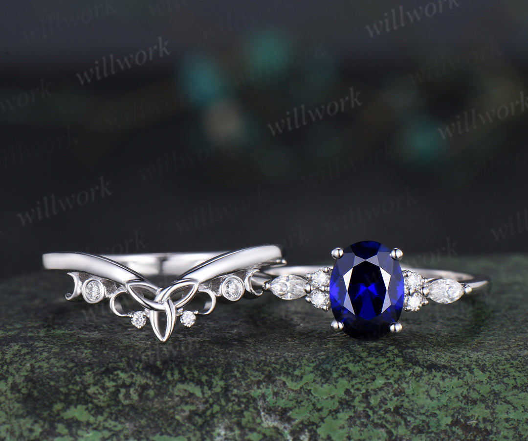 Oval cut blue sapphire engagement ring set seven stone moissanite ring vintage moon women Celtic knot wedding bridal set