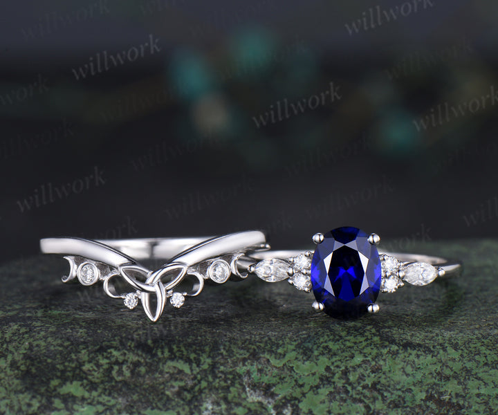 Oval cut blue sapphire engagement ring set seven stone moissanite ring vintage moon women Celtic knot wedding bridal set