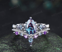 Pear cut alexandrite engagement ring set kite alexandrite half eternity diamond marquise amethyst stacking bridal set