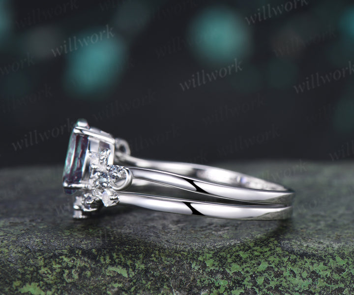 Oval Fireworks Cut Alexandrite Engagement Ring Set Leaf Twig Moonstone Promise Ring Matching Wedding Band Unique Bridal Set