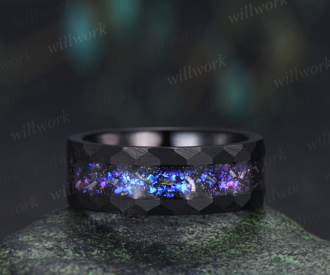 Leaf Pear Opal Amethyst Engagement Ring Set & Tungsten Galaxy Nebula Mens Band Unique Couple Ring Set