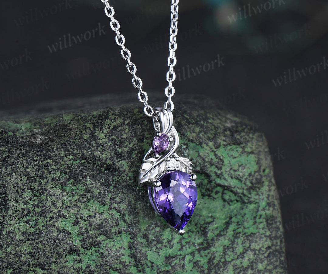 Pear cut purple sapphire pendant necklace leaf vine amethyst moissanite necklace unique gemstone necklace for women gifts for her