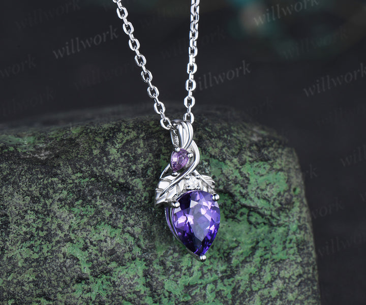 Pear cut purple sapphire pendant necklace leaf vine amethyst moissanite necklace unique gemstone necklace for women gifts for her
