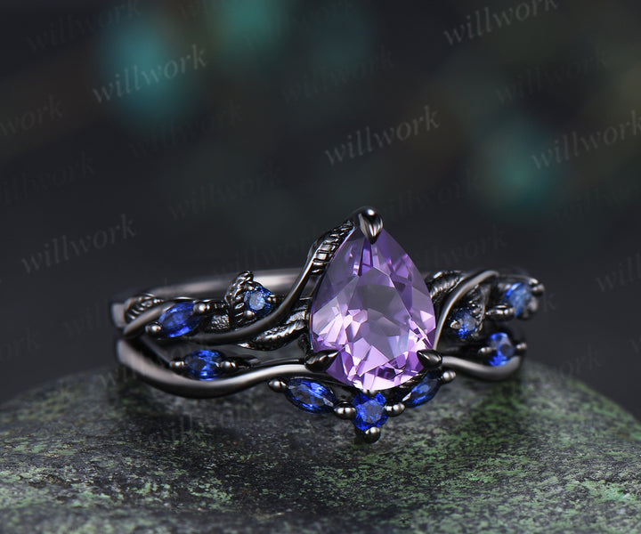 Leaf Pear Amethyst Accent Sapphires Bridal Ring Set & Tungsten Galaxy Nebula Mens Band Couple Ring Set