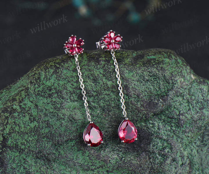 Pear shape ruby threader earrings flower drop earrings July birthstone gifts wedding anniversary earrings
