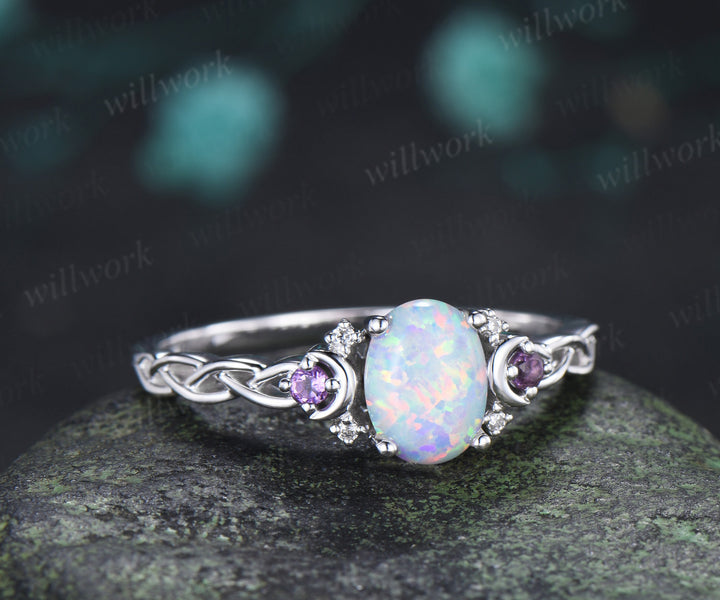 Oval White Opal Amethyst Moon Ring Twisted Weave Half Eternity Band Vintage Opal Wedding Ring Gift for Women