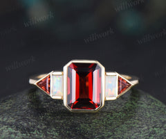Bezel emerald cut garnet engagement ring baguette opal trilliant garnet ring unique five stones ring for women gifts for her