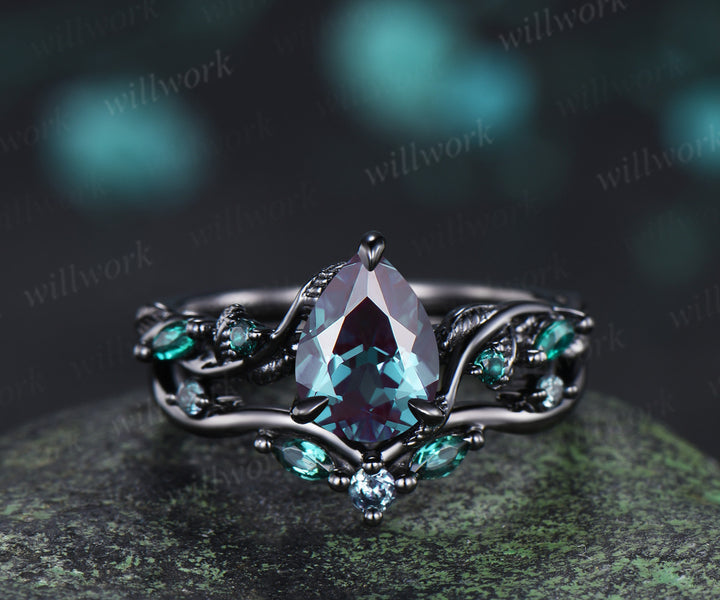 Pear alexandrite ring set unique twig vine teardrop emerald accent ring unique bridal set jewelry gifts