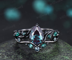 Pear alexandrite ring set unique twig vine teardrop emerald accent ring unique bridal set jewelry gifts