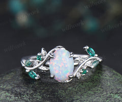 Oval white opal engagement ring retro emreald moss agate leaf branch ring nature inspired bridal ring gifts for women