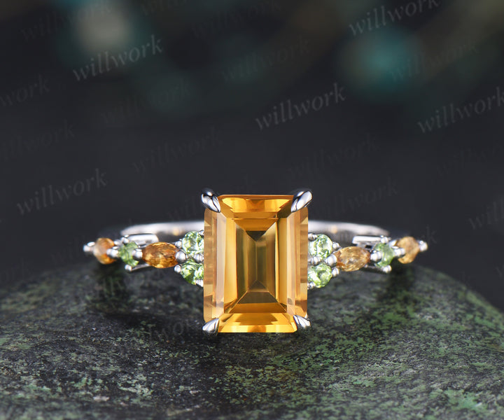 Emerald cut citrine engagement ring peridot marquise yellow citrine wedding ring November birsthone jewelry