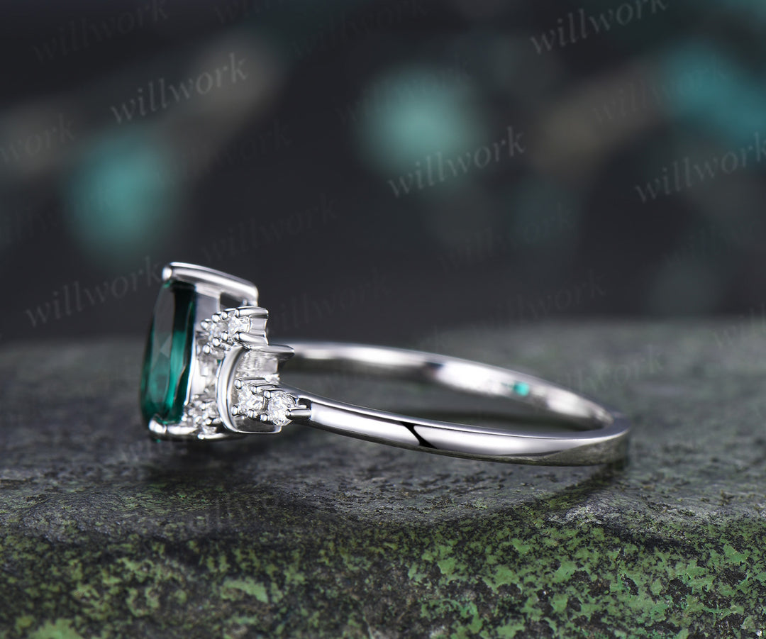 Teardrop Emerald Engagement Ring Art Deco Moon Moissanite Cluster Promise Ring Unique Wedding Ring