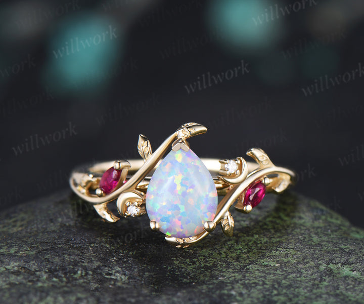 Vintage Teardrop Opal Engagement Ring Set Art Deco Moon Marquise Ruby Leaf Vine Ring Moissanite Band Nature Inspired Bridal Set