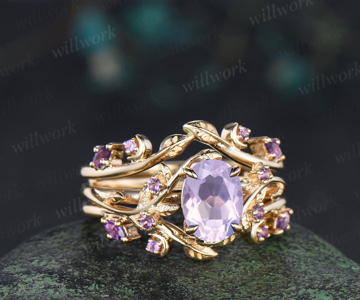 Oval lavender amethyst engagement ring set leaf twig amethysts ring marquise amethyst moon enhancer wraps unique bridal set