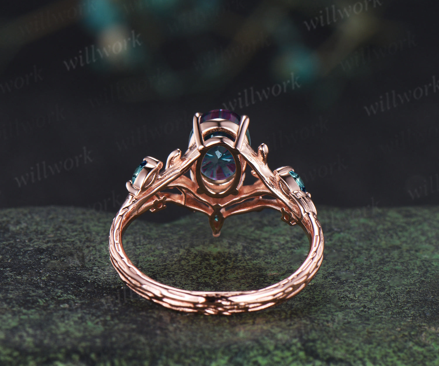 Oval Fireworks cut alexandrite engagement ring leaf branch nature