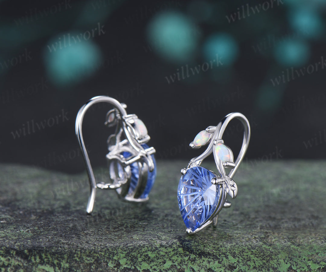 Pear Shaped Fireworks Cut Cornflower Blue Sapphire Hook Earrings Leaf Vine Opal Accent Earrings Gifts for Her