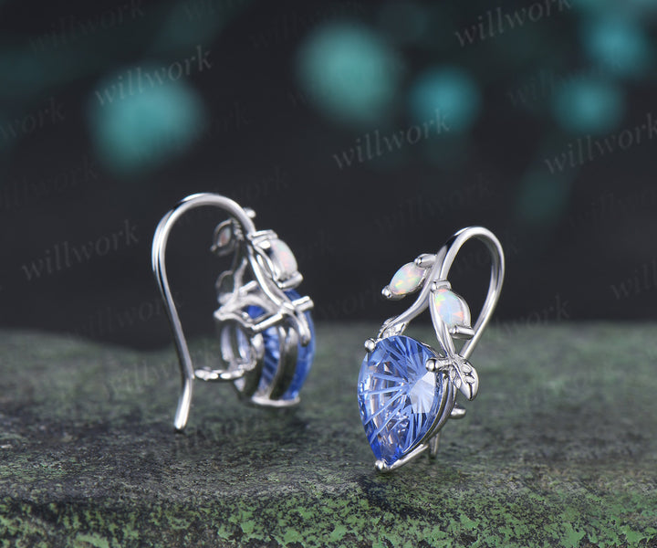 Pear Shaped Fireworks Cut Cornflower Blue Sapphire Hook Earrings Leaf Vine Opal Accent Earrings Gifts for Her