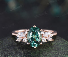 Oval cut green sapphire engagement ring moissanites diamonds cluster promise ring unique bridal ring