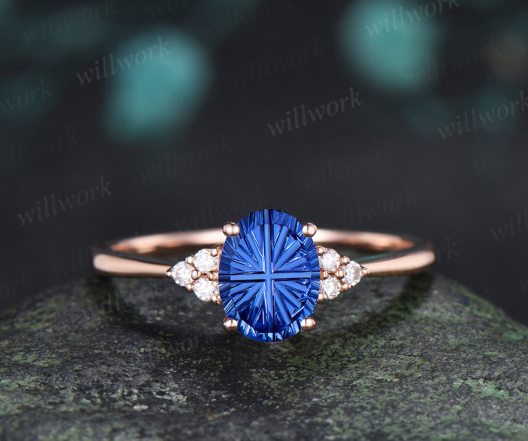 Oval Fantasy Cut Sapphire Engagement Ring Set Moissanite Cluster Promise Ring Star Wedding Band Unique Bridal Set