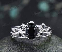 Nature Inspired Oval Cut Black Onyx Engagement Ring Set Leaf Vine Black Diamond Accent Promise Ring Curved Matching Band Unique Bridal Set