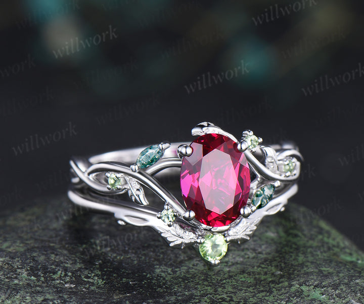 Oval cut ruby engagement ring set split shank marquise moss agate leaf infinity ring peridot vines wedding band