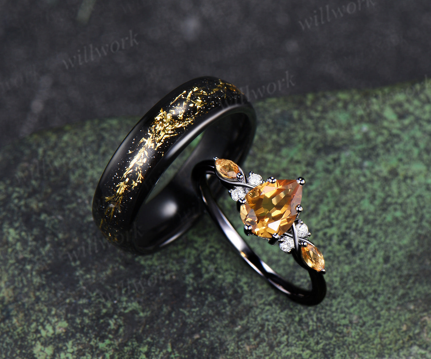 Pear Citrine Seven Stone Engagement Ring & Bold Tungsten Men