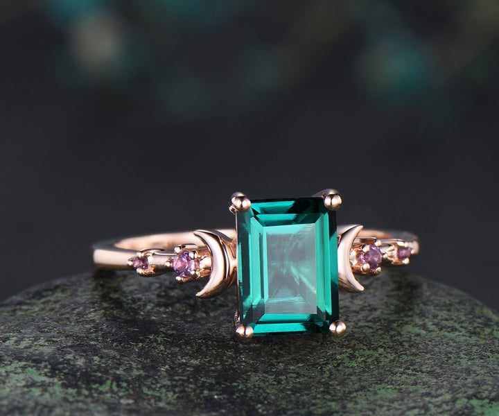 Emerald cut green emerald ring five stone amethyst moon promise ring 14k rose gold May birtstone jewelry