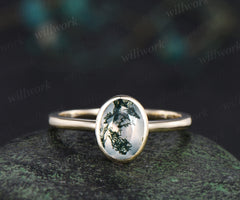 Oval cut natural moss agate engagement ring unique solitaire moss agate bezel ring solid 10k/14k/18k yellow gold ring for women
