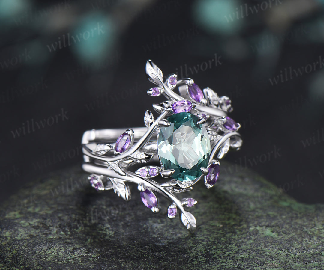 Oval Cut Green Sapphire Leaf Vine Engagement Ring Amethyst Enhancer Wrap Band Nature Inspired Bridal Set