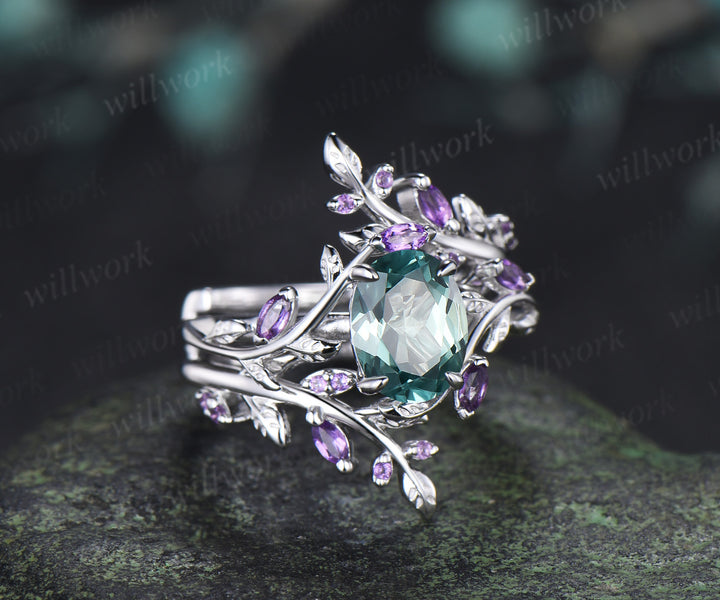 Oval Cut Green Sapphire Leaf Vine Engagement Ring Amethyst Enhancer Wrap Band Nature Inspired Bridal Set
